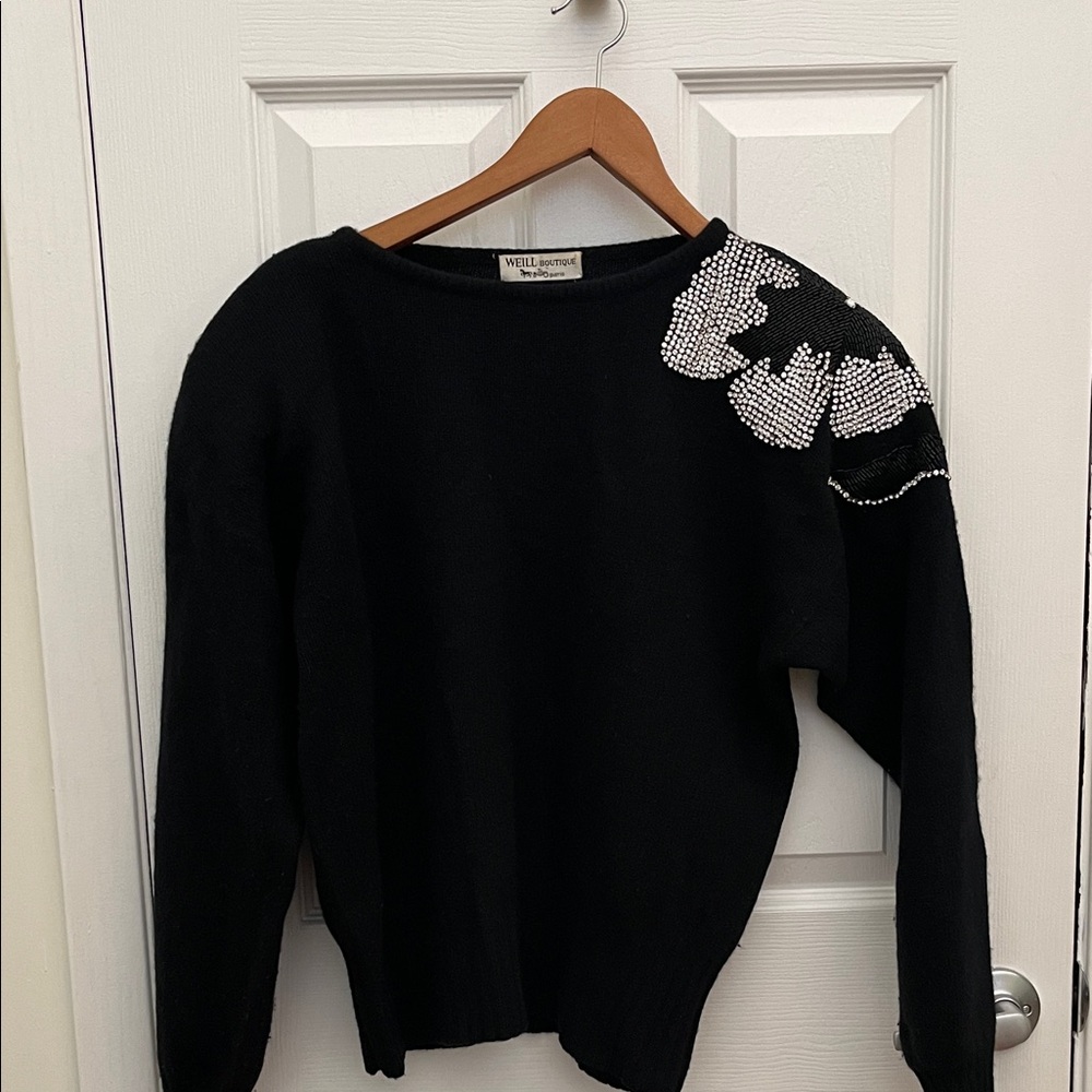 Vintage Weill Boutique Paris Black Cashmere Sweater with Rhinestone  Accent